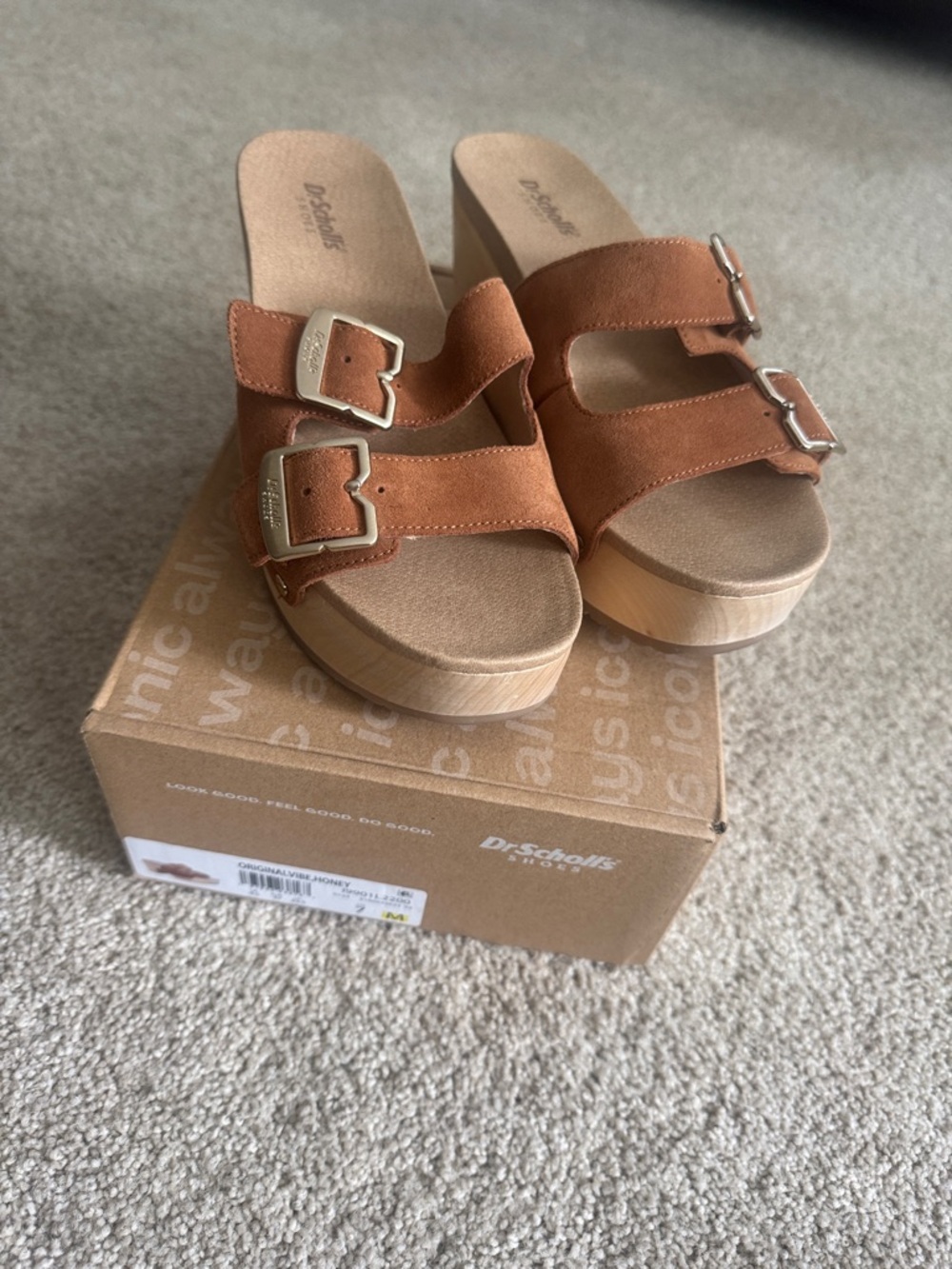 Dr. Scholl's Original Vibe (honey) Suede Double-Buckle Platform Mules
